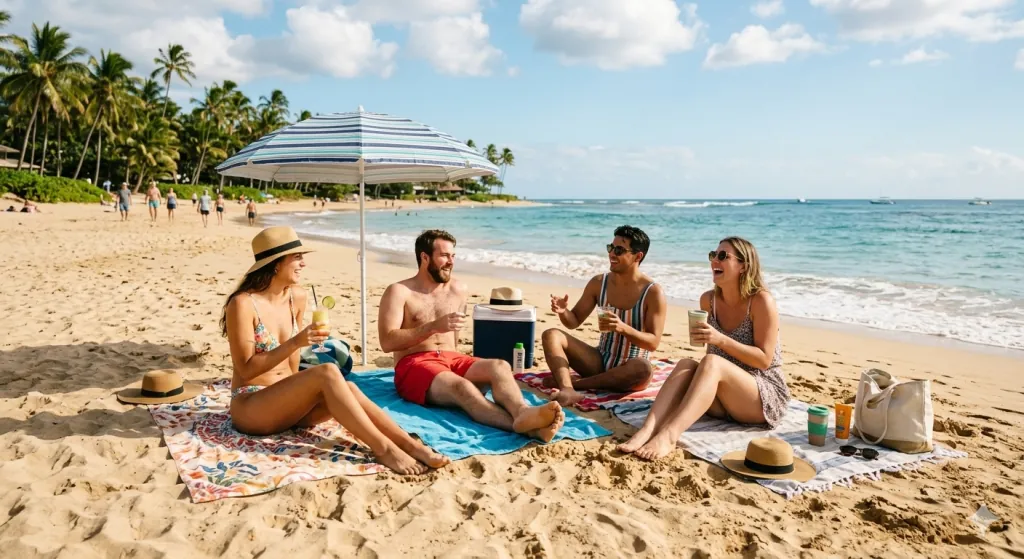 Grupo de personas disfrutando un feriado largo en la playa y destinos turísticos, relajándose y compartiendo momentos especiales