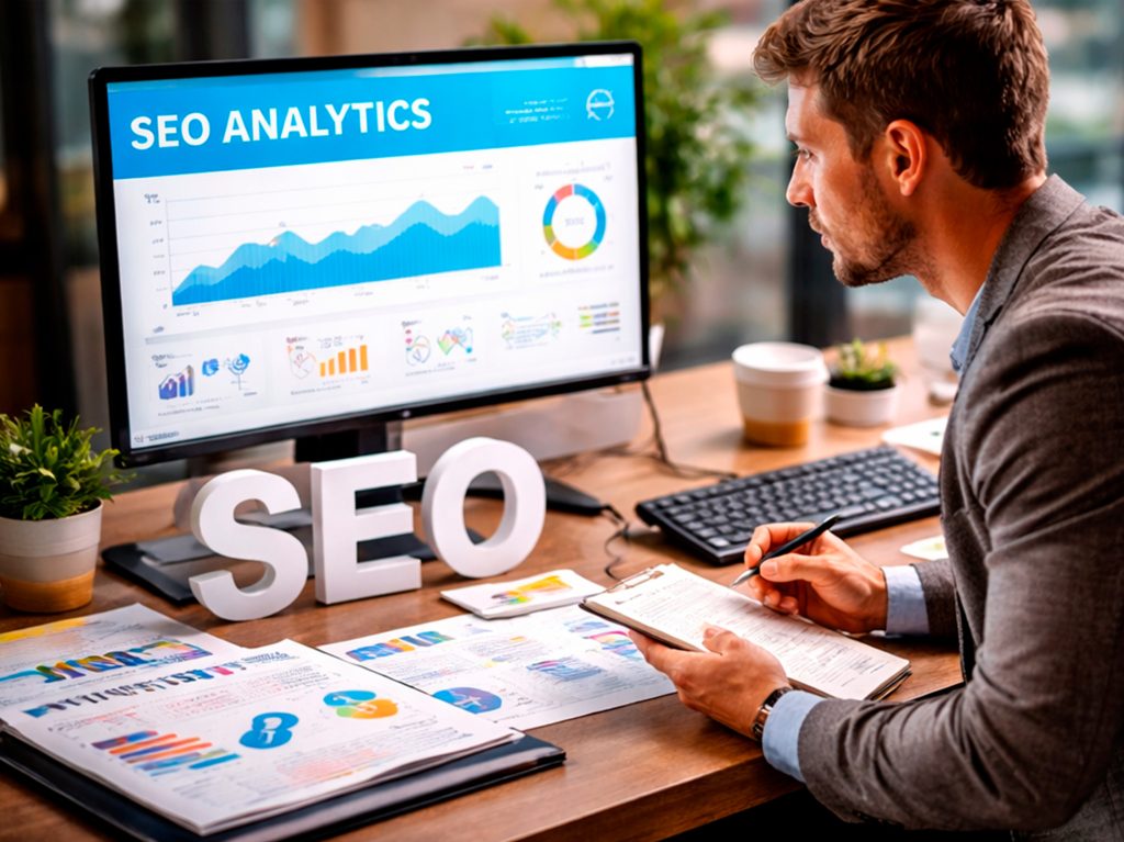 especialista analizando métricas de SEO en computadora para mejorar posicionamiento web y generar ventas