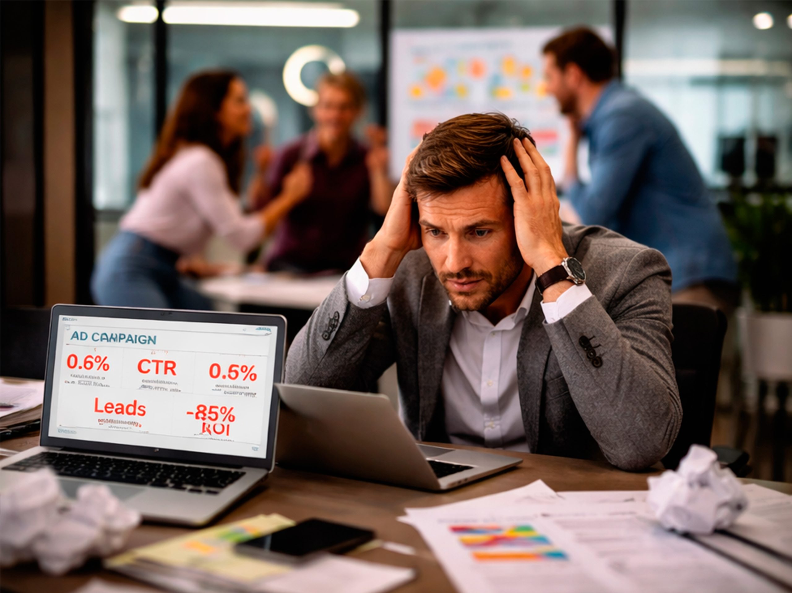 empresario frustrado por malos resultados de marketing digital tras contratar una agencia sin estrategia