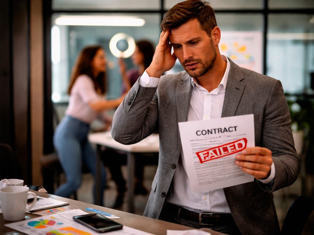 Imagen de un empresario visiblemente estresado revisando resultados negativos en su laptop, reflejando el impacto de trabajar con una agencia de marketing digital que no cuenta con una estrategia clara ni enfocada en conversiones.