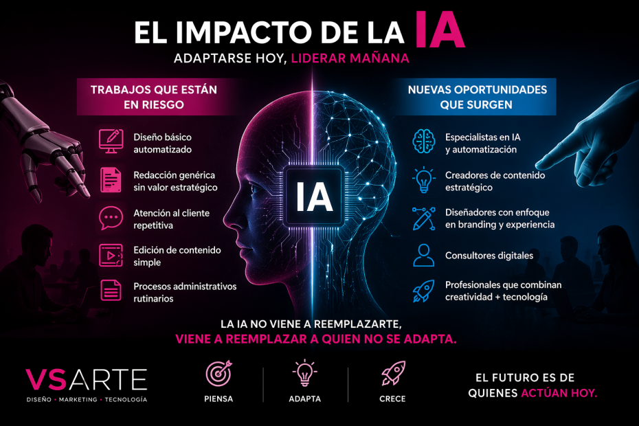 Impacto de la inteligencia artificial en el trabajo mostrando empleos en riesgo y nuevas oportunidades digitales