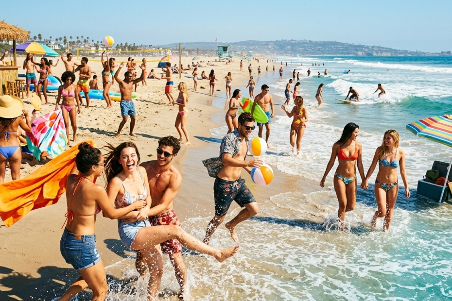 Personas disfrutando el feriado largo en la playa y de viaje, compartiendo momentos de descanso, diversión y desconexión