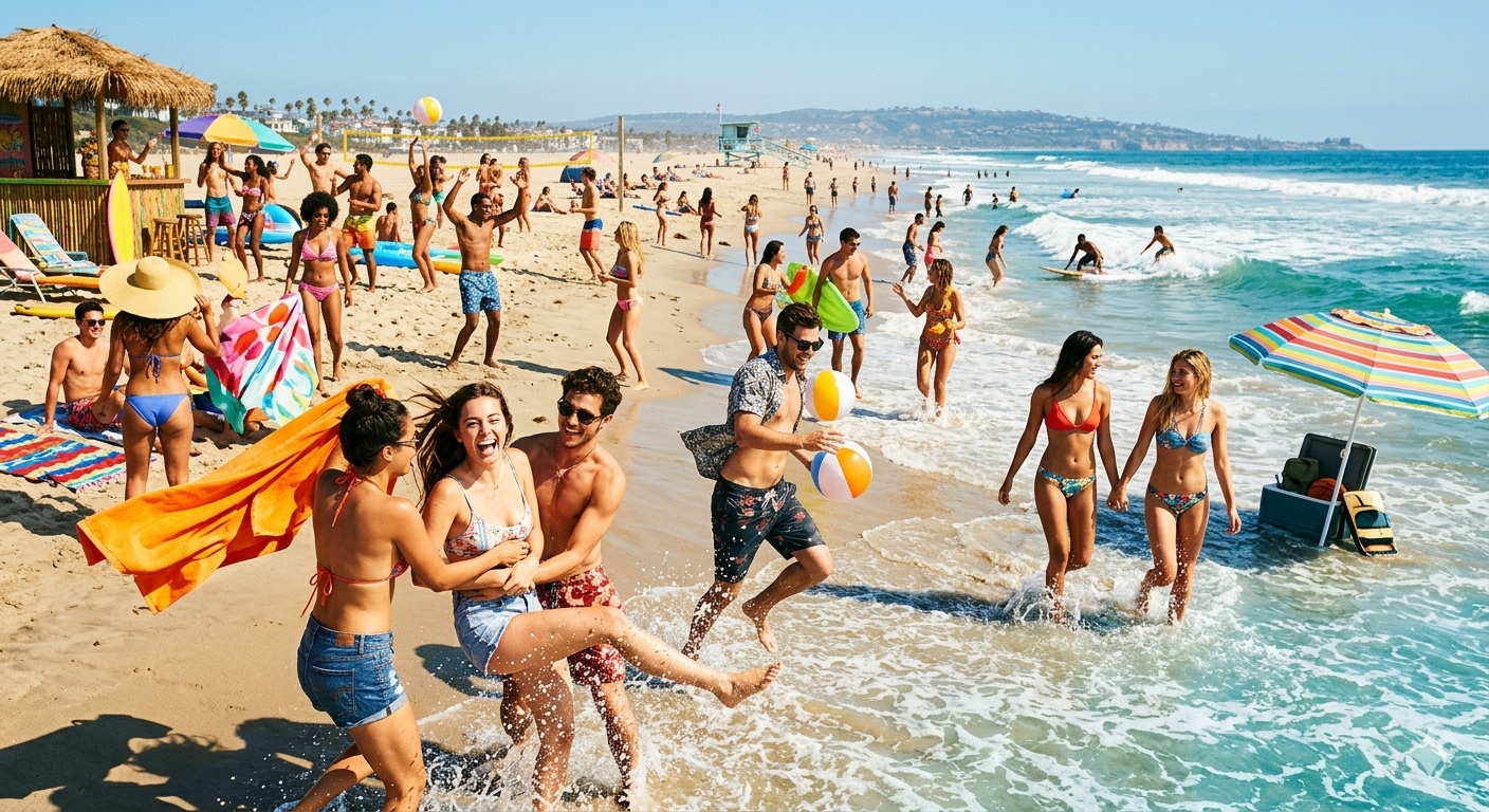 Personas disfrutando el feriado largo en la playa y de viaje, compartiendo momentos de descanso, diversión y desconexión