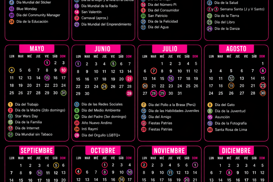 Calendario 2026 Perú con fechas importantes para marketing, incluyendo feriados, eventos comerciales y efemérides internacionales para planificación de contenido.